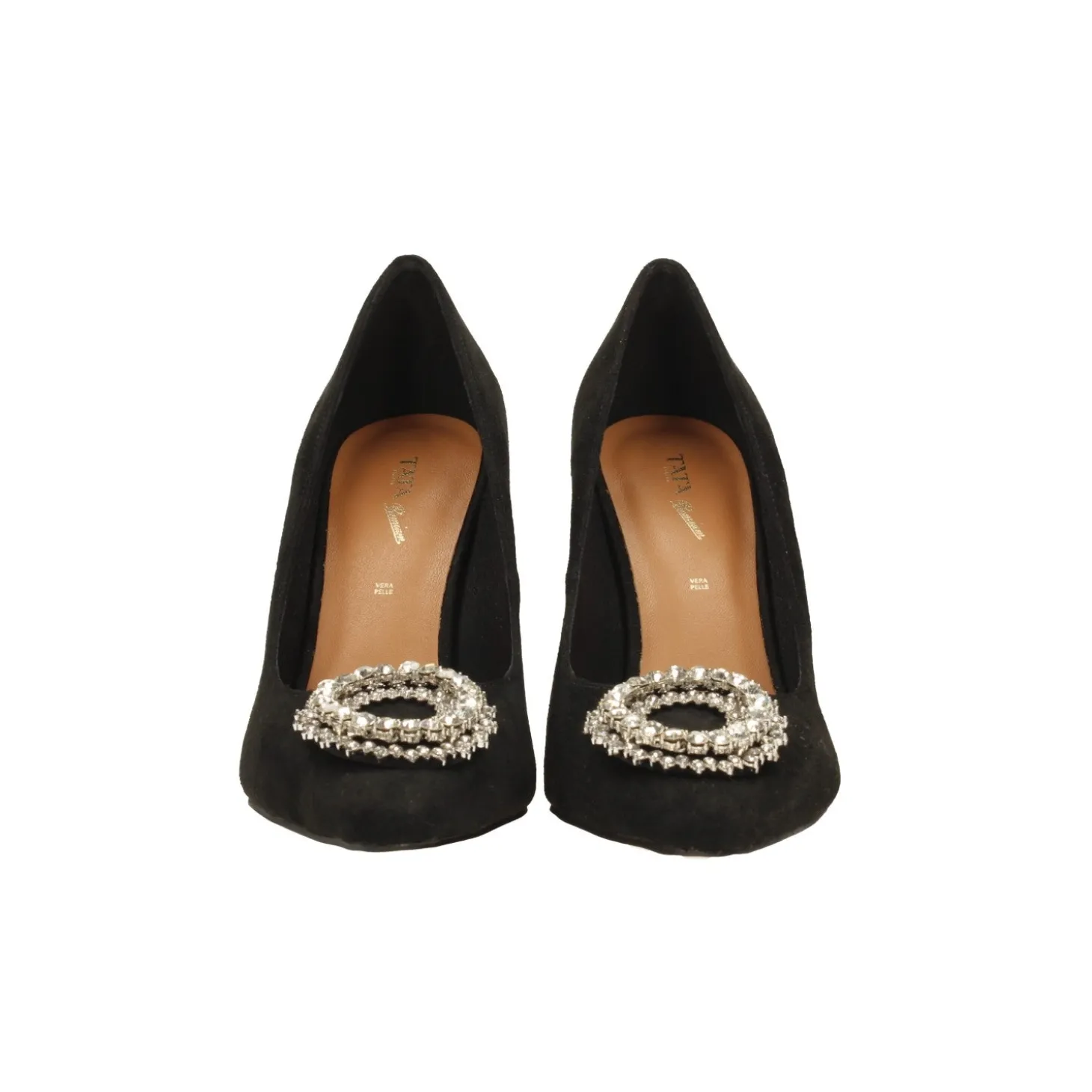 Décolleté in microfibra con pietre sulla punta. Tacco triangolare alto 10.5cm