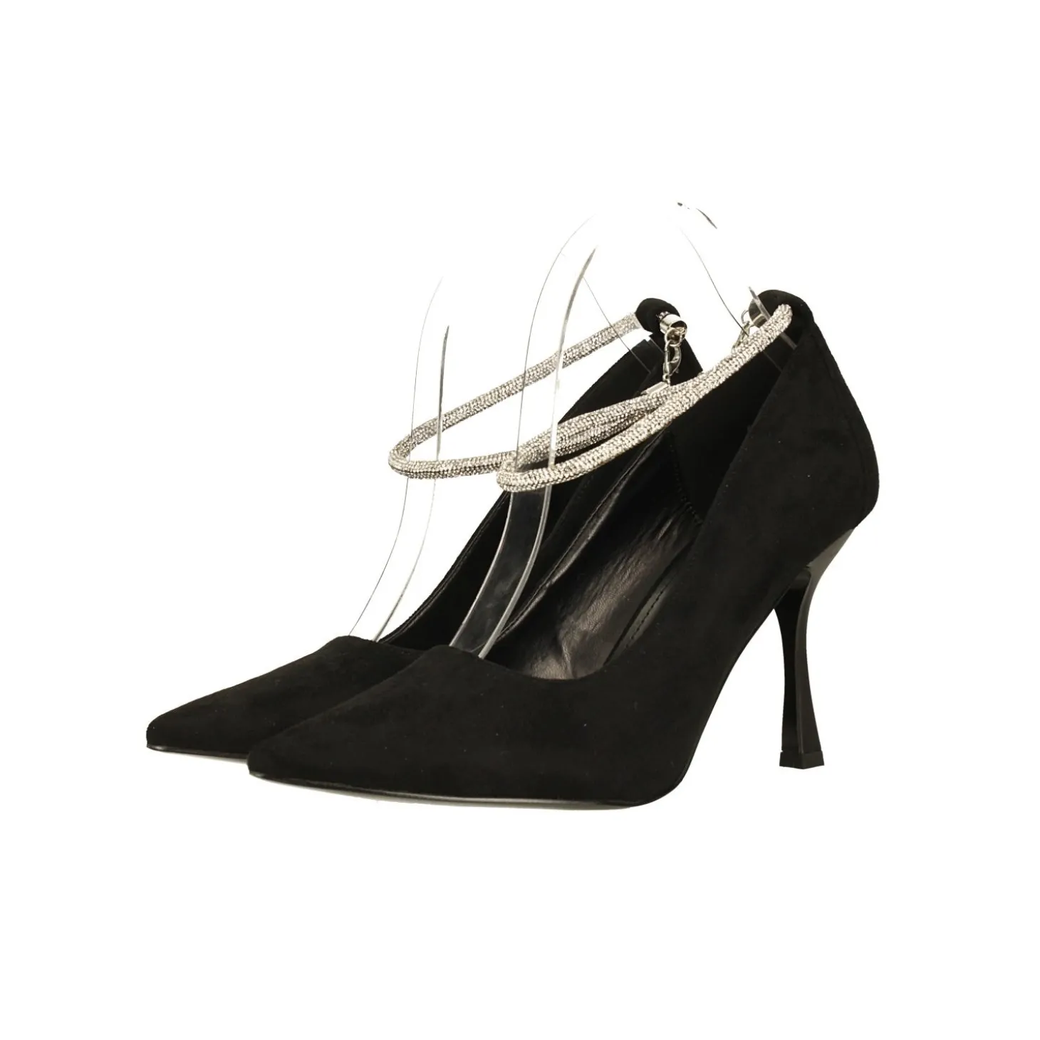 Décolleté in microfibra con cinturino ricoperto di strass. Tacco alto 9cm