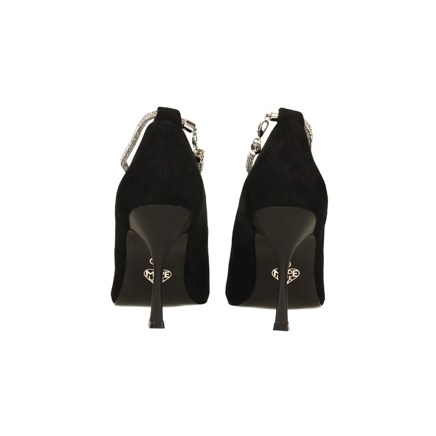 Décolleté in microfibra con cinturino ricoperto di strass. Tacco alto 9cm