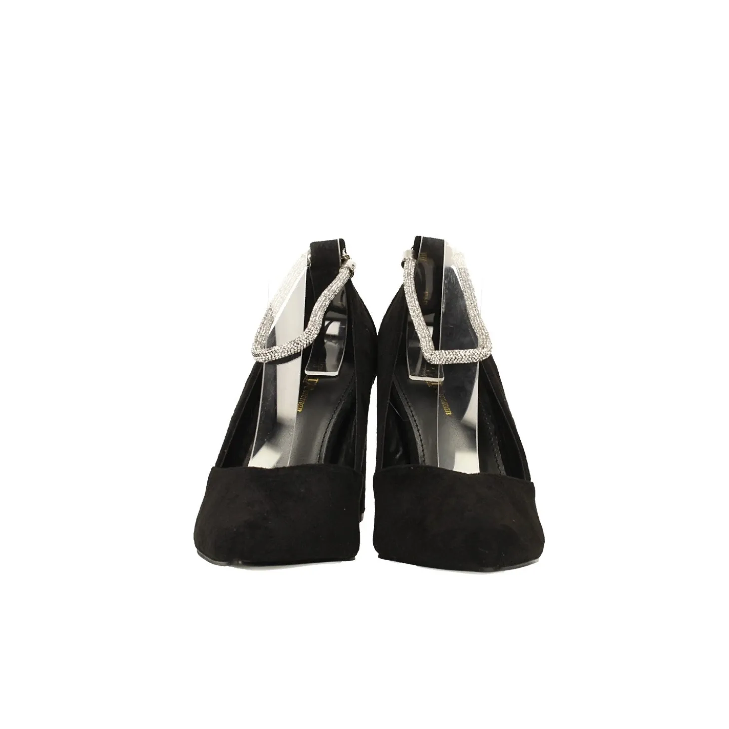 Décolleté in microfibra con cinturino alla caviglia con strass. Tacco alto 8cm