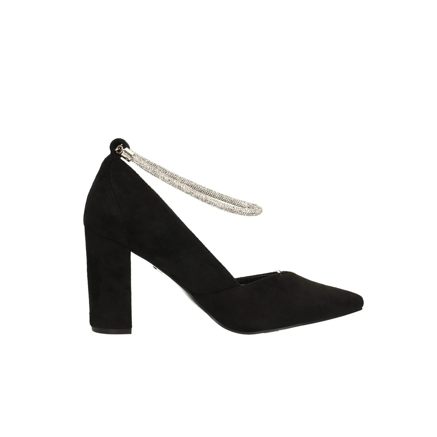 Décolleté in microfibra con cinturino alla caviglia con strass. Tacco alto 8cm