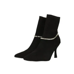 Stivaletti a punta in microfibra con cinturino con pietre. Tacco alto 8cm