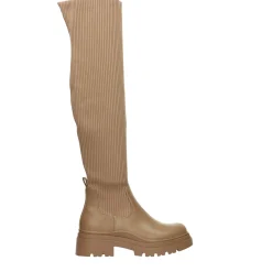 Stivali marroni con tomaia in tessuto elasticizzato. Tacco alto 5cm